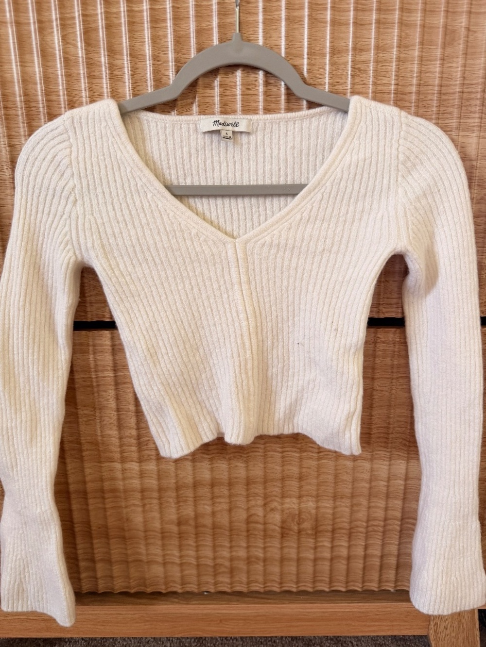 Madewell Ribbed V-Neck Sweater Top in Merino Wool / Ivory / Size Small